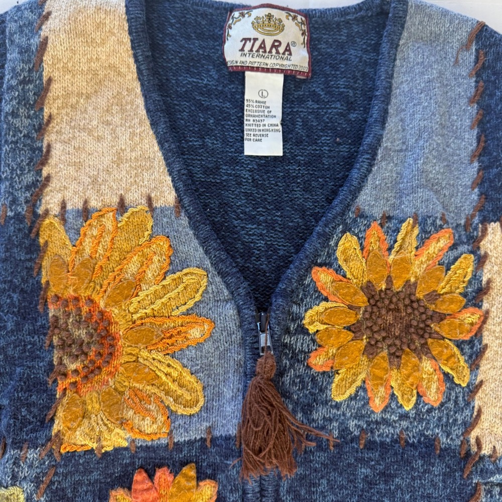 Tiara International Vintage Sunflower Patchwork Zip Sweater Vest Blue Large - Picture 6 of 7